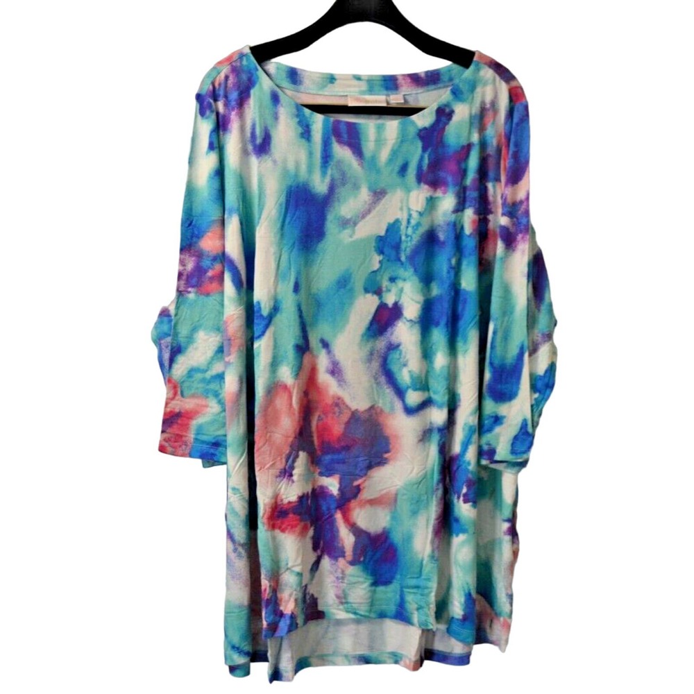 Belle By Kim Gravel Watercolor Printed Top Womens Size 3X 3/4 Sleeve Pastel